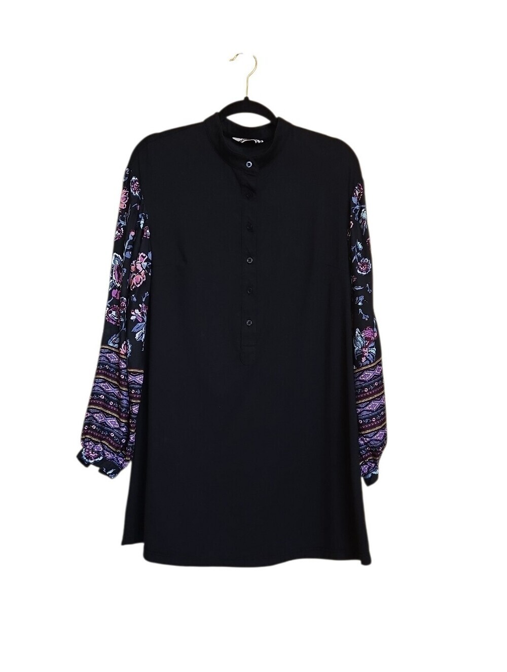 Shukr Clothing Cotton Black Floral Print Long Sleeves Tunic Dress Size Medium